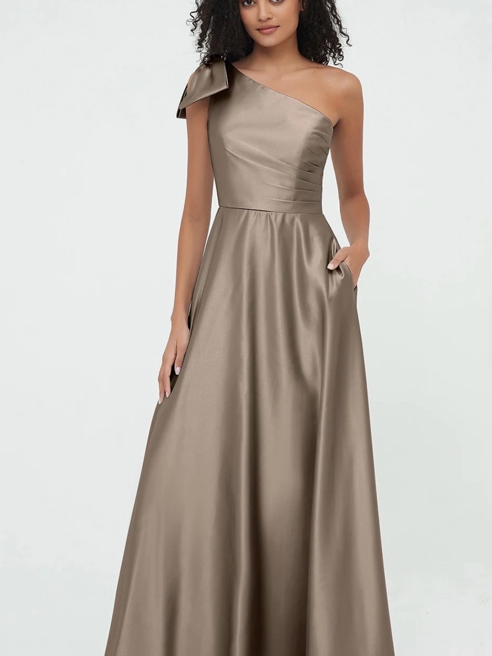 Babaroni Sigrid One-Shoulder Long Satin Dress With Pockets - Taupe - Size 6